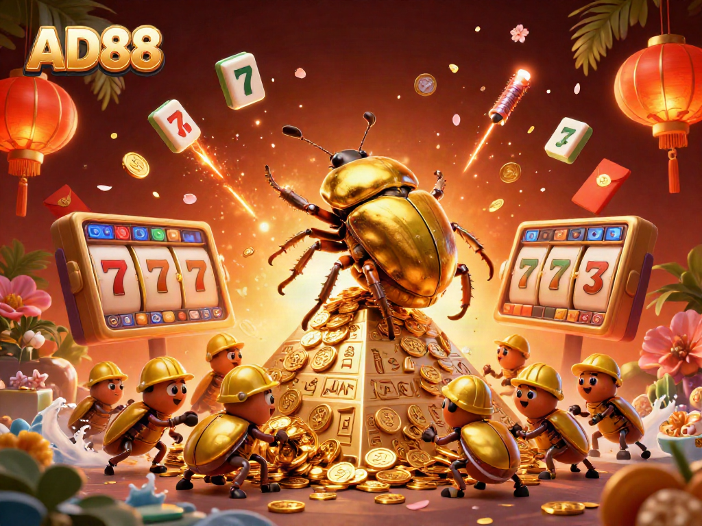 Engage with AD88's vibrant casino experience featuring gold beetles and majestic jackpots.