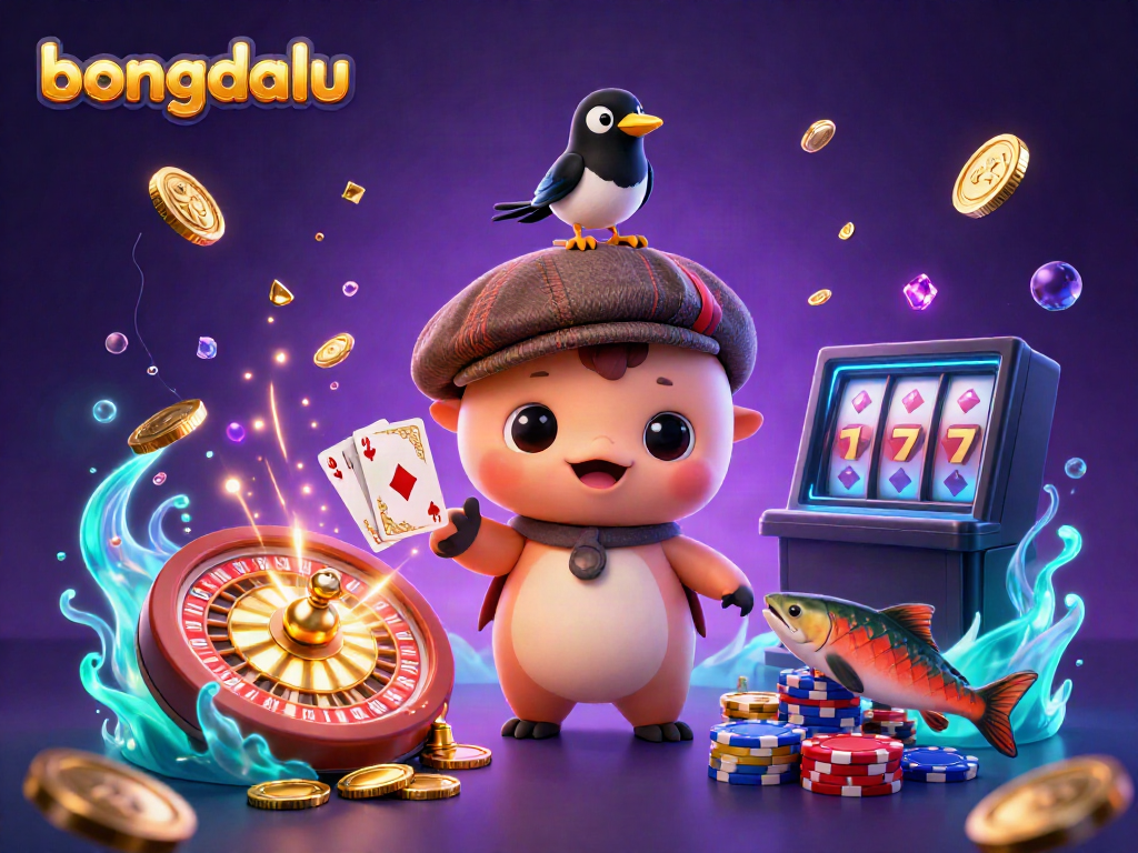 Bongdalu's playful illustration features Nessie, a magpie, and salmon amidst flying coins and a roulette wheel.