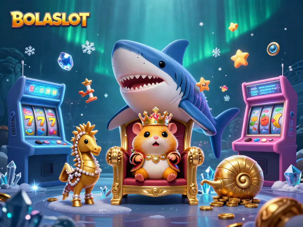 BOLASLOT showcases a vibrant underwater scene featuring a hamster king throne made of a shark tooth, surrounded by slot machine elements and glowing game visuals.