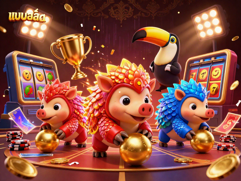 Engage with แบบสล็อต featuring rival pangolins in a dynamic 3D casino scene, showcasing vibrant gaming elements.