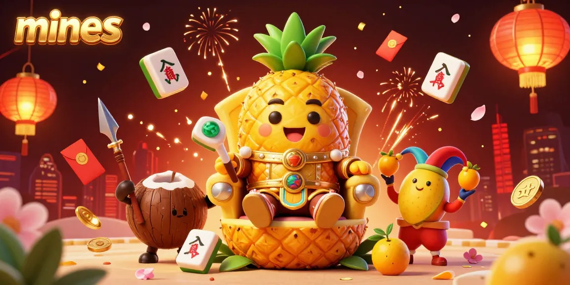 Mines game scene showcasing a vibrant pineapple king and lively characters in a casino.