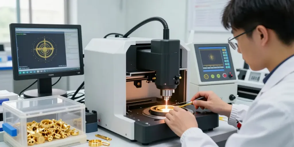 Proses presisi laser emas88 di workshop inovatif dengan teknisi menggunakan mesin laser canggih.