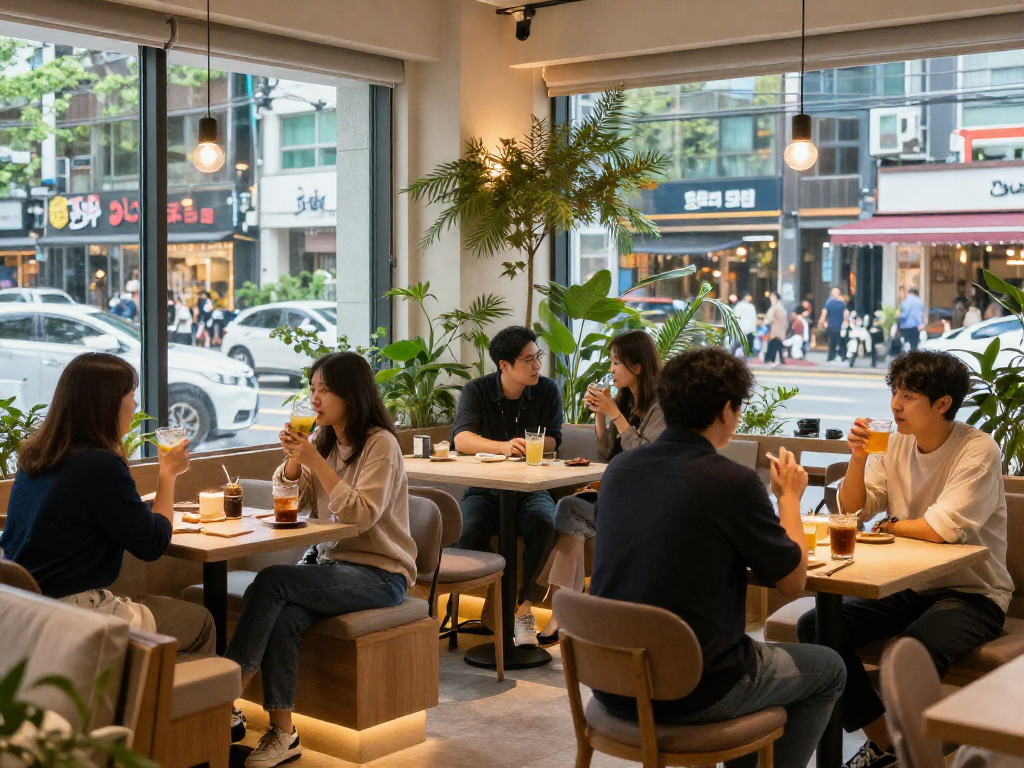 강남쩜오 멀리건에서 즐거운 분위기 속에서 대화하고 있는 손님들
