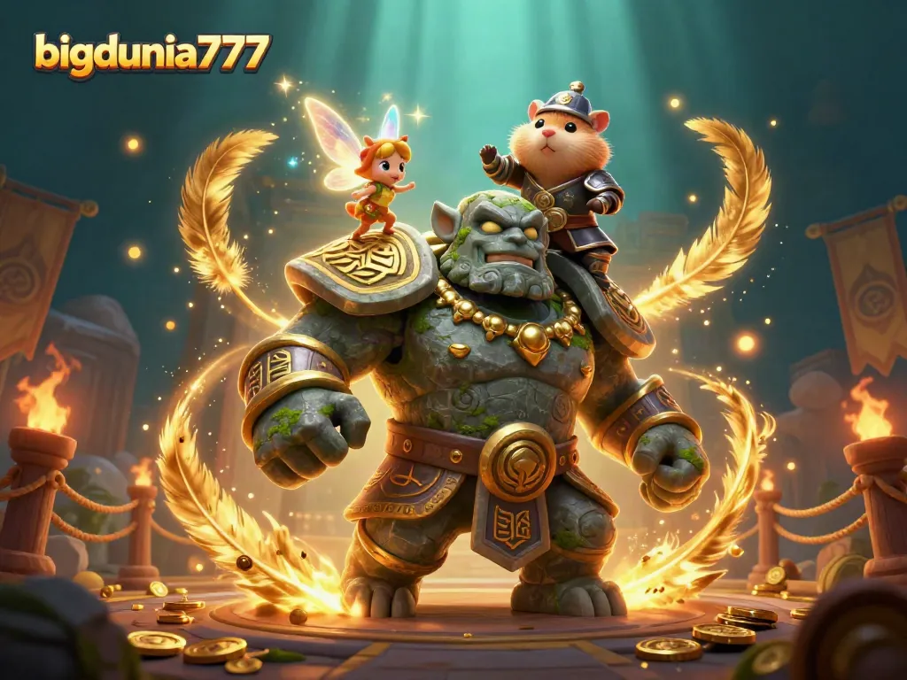 Join the excitement at bigdunia777, revealing golden runes and magical sparkles in a vibrant casino setting.