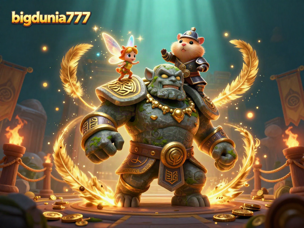 Join the excitement at bigdunia777, revealing golden runes and magical sparkles in a vibrant casino setting.