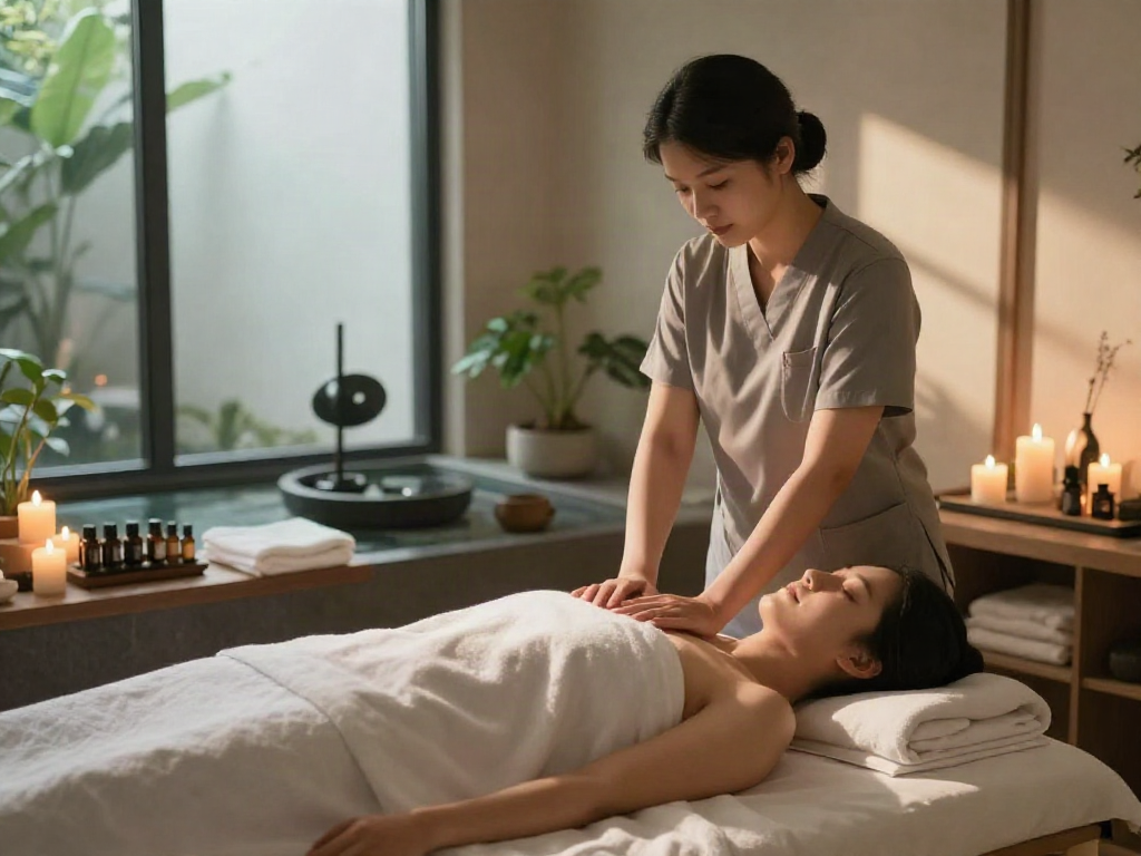 Relaxing 용인출장안마 session in a tranquil spa with therapist and client.