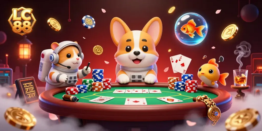 Play exciting games at LC 88 casino with vibrant characters and dynamic poker action.