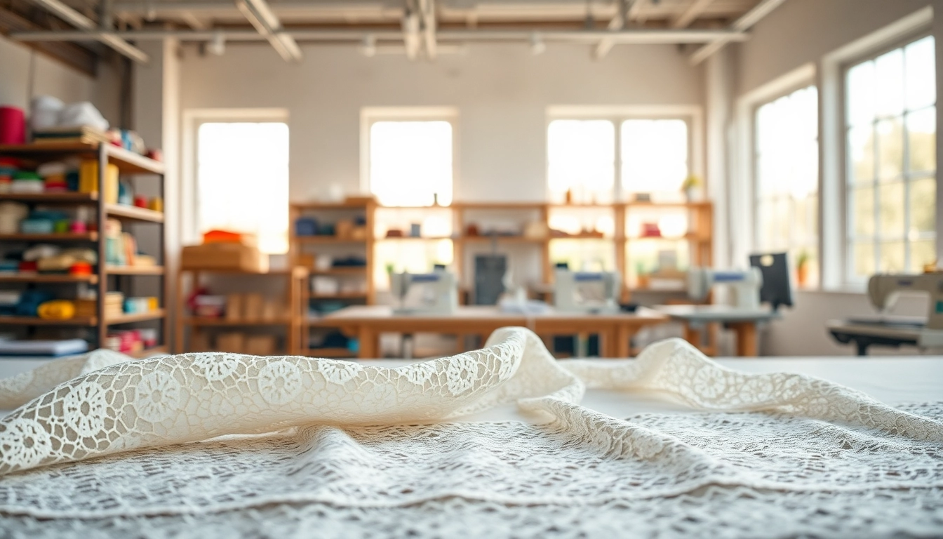 Lace fabric per meter in a bright workshop, highlighting intricate details and craftsmanship.