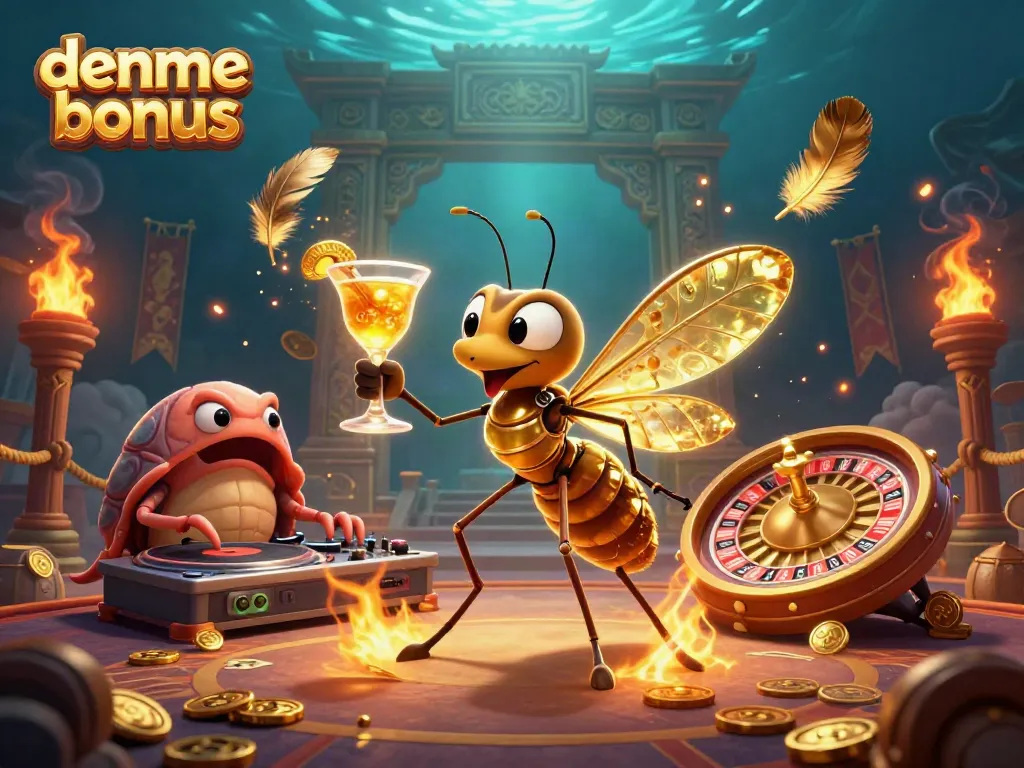 Experience the deneme bonus with a vibrant casino scene featuring unique characters and rich details.