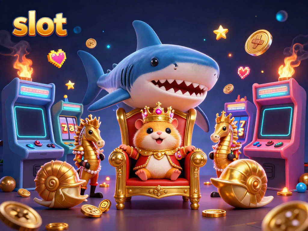Experience thrilling slot action with a golden hamster king and vibrant casino elements.