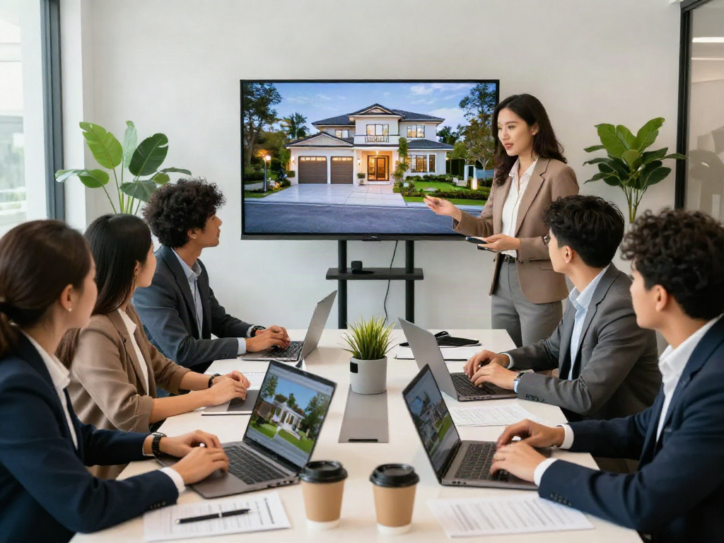 Collaborative real estate agents discussing depo 10k property options in a bright office.