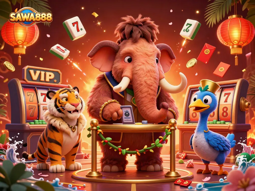 Engage with the vibrant SAWA888 casino scene featuring a woolly mammoth bouncer, a saber-tooth tiger VIP guest, and game elements.