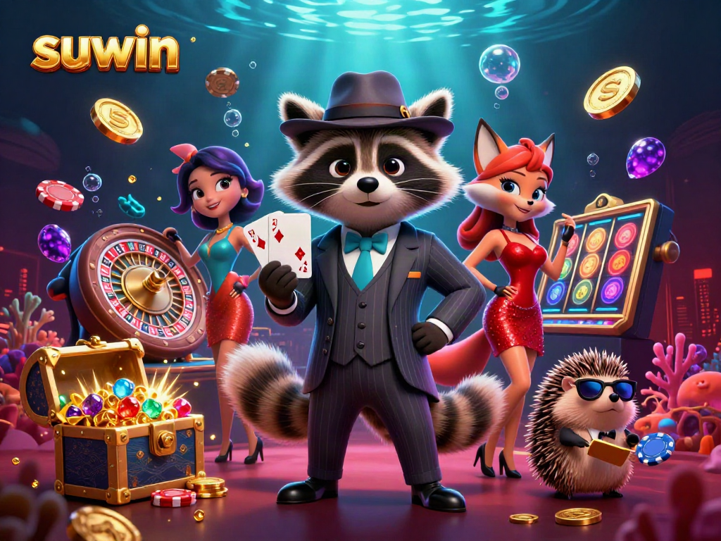 Suwin casino illustration featuring a suave raccoon, stylish fox, and bouncer amidst vibrant gaming elements.