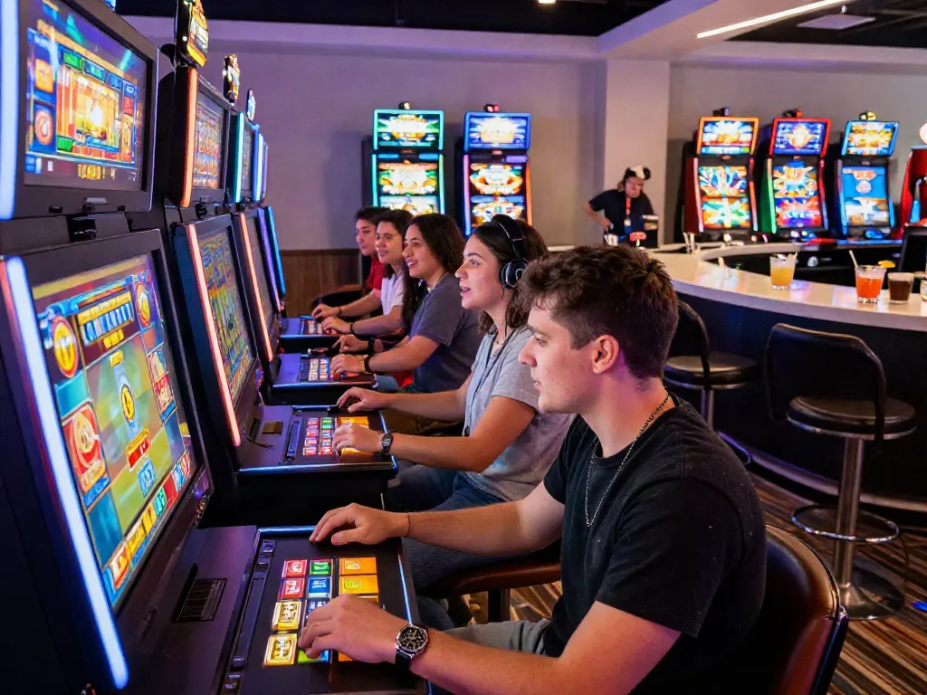 Exciting slot gaming moment showcasing players engaged with vibrant machines in a lively online casino atmosphere