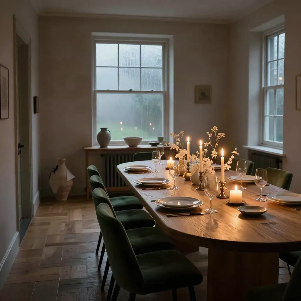 Candlelit townhouse dining room set for a member supper, with oak table, linens and fogged windows.