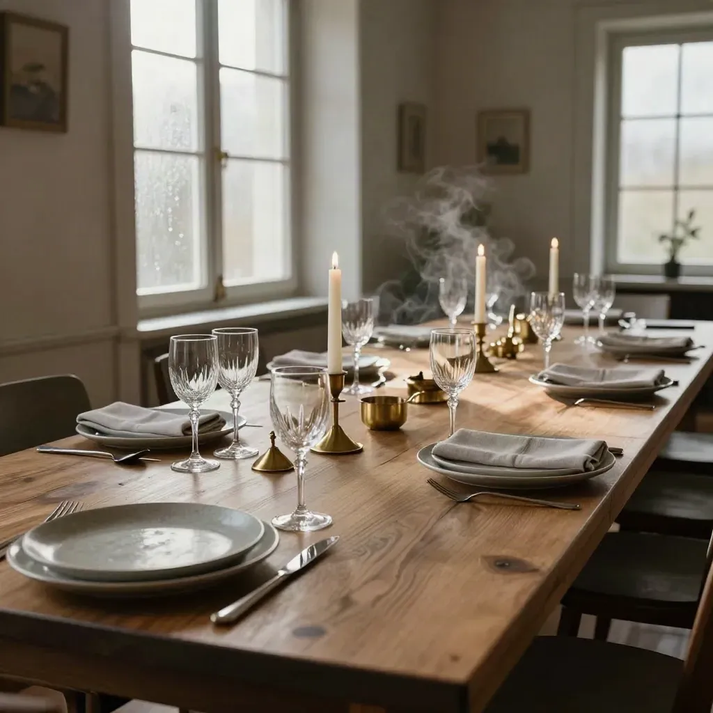 Empty private dining room table for ten, set with brass candlesticks, glassware and stone plates.