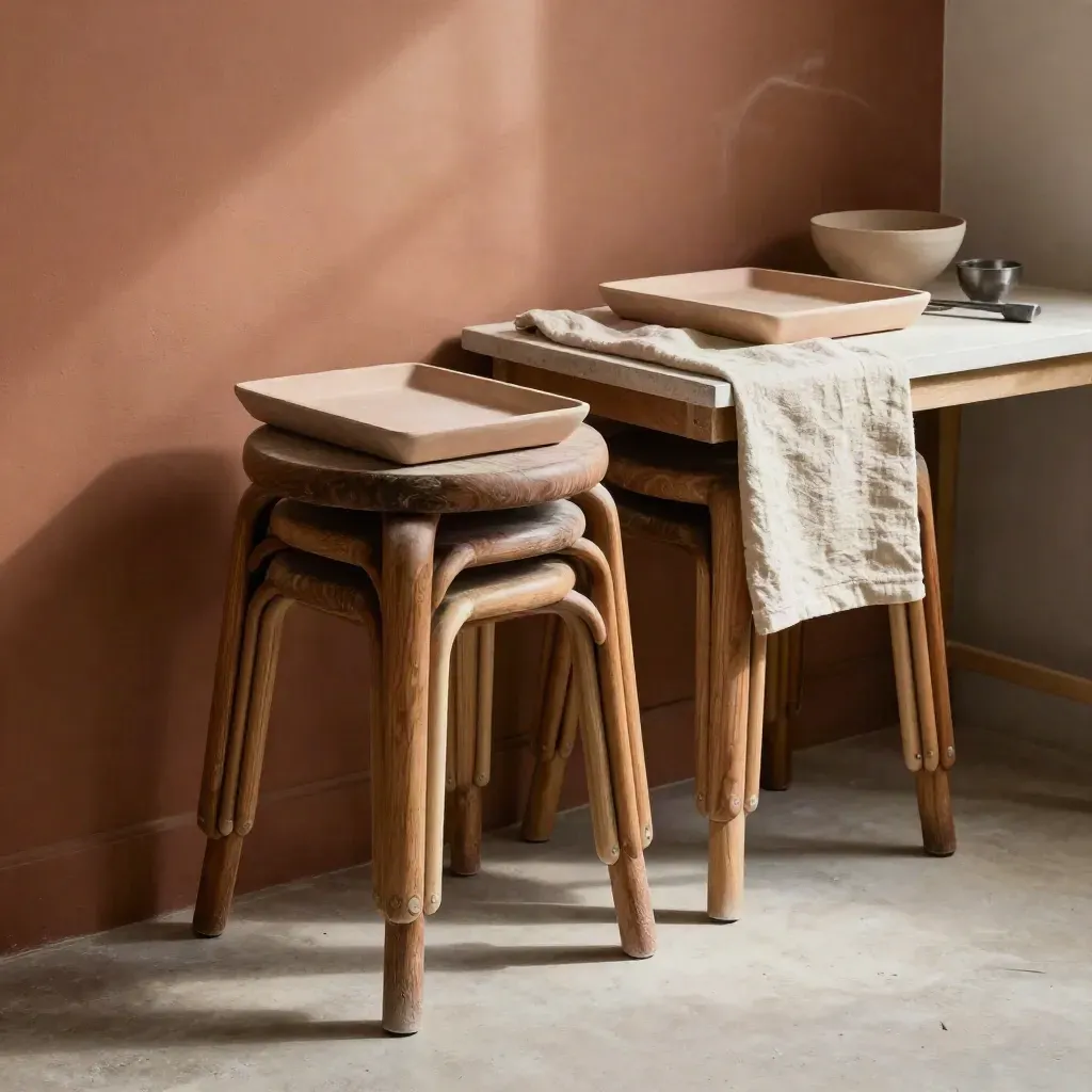 Workshop corner with stools, trays, and linen ready for a class in warm daylight.
