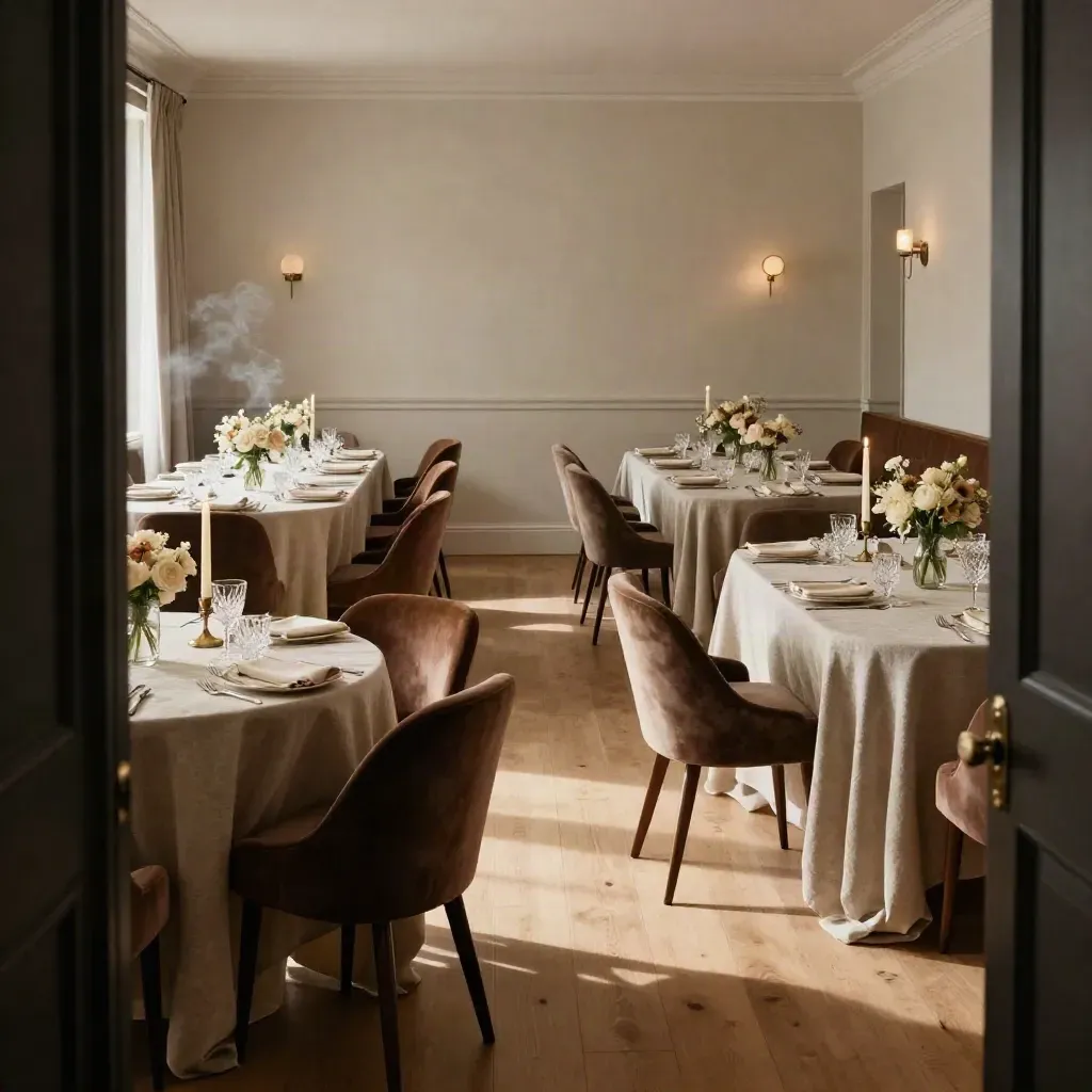 Empty candlelit private dining room set for eight two-tops, warm and elegant, seen from the doorway.