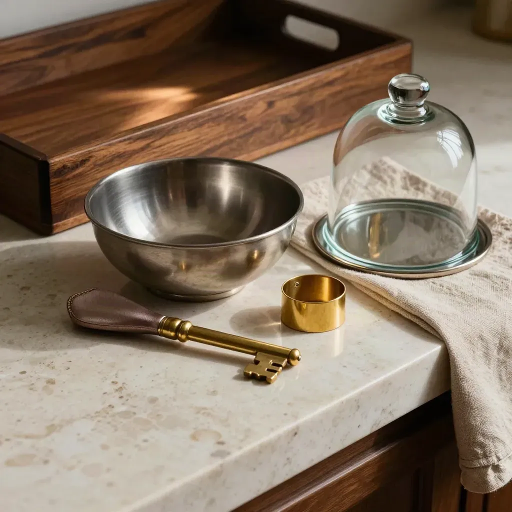 Brass snuffer, serving bowl, napkin rings, and smoked-glass cloche on travertine in dramatic light