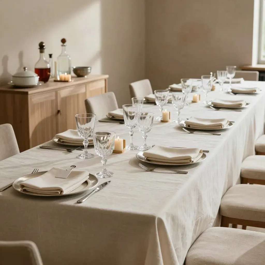 Empty private salon dinner table with glassware, guest-key tray, and sideboard in warm window light.