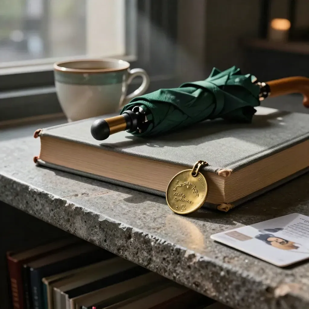 Stone landing shelf with book, coffee cup, folded umbrella and transit token in moody window light