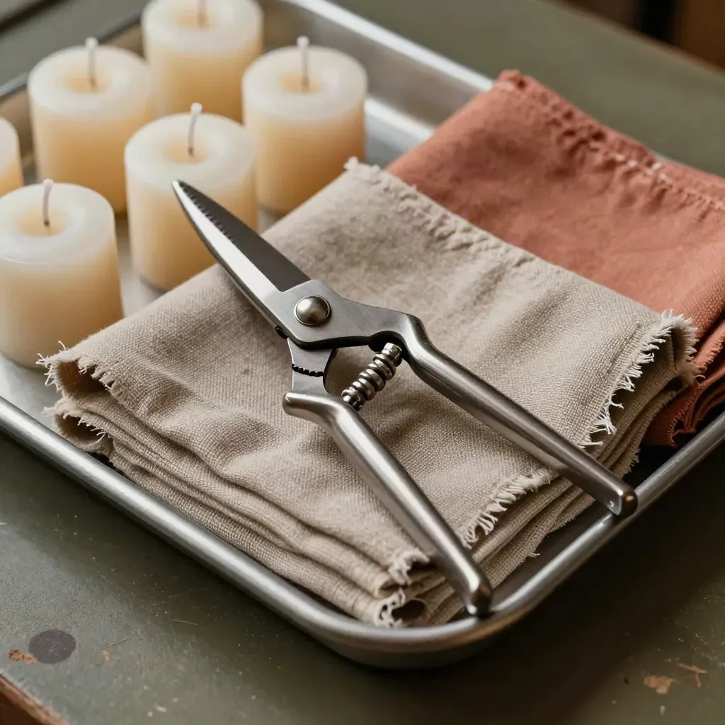 Macro tray of taper candles, floral shears and linen runners on a workbench.
