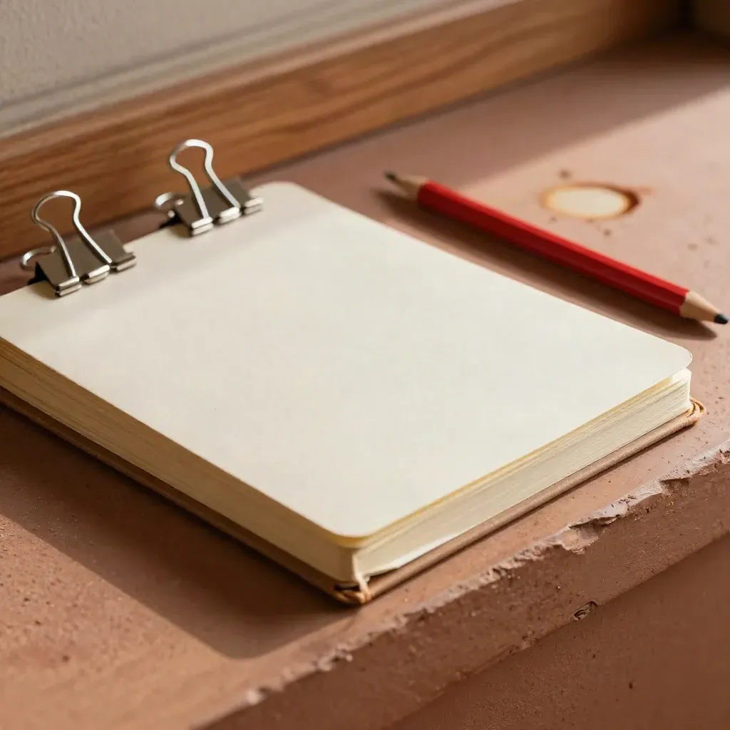 Closed notebook, red pencil, clips, and coffee stain on a plaster ledge.