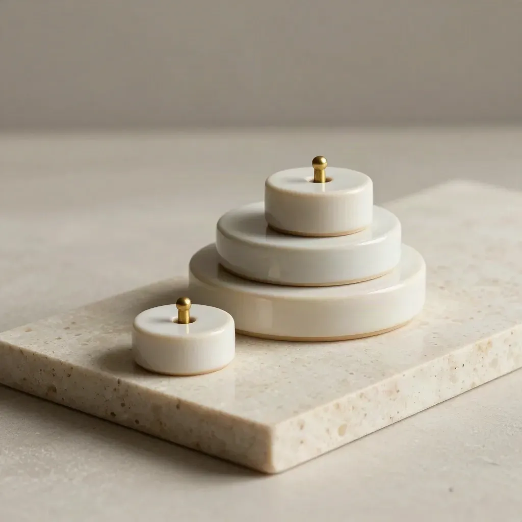 Top-down still life of nested ceramic membership tokens and a brass spacer on pale stone.