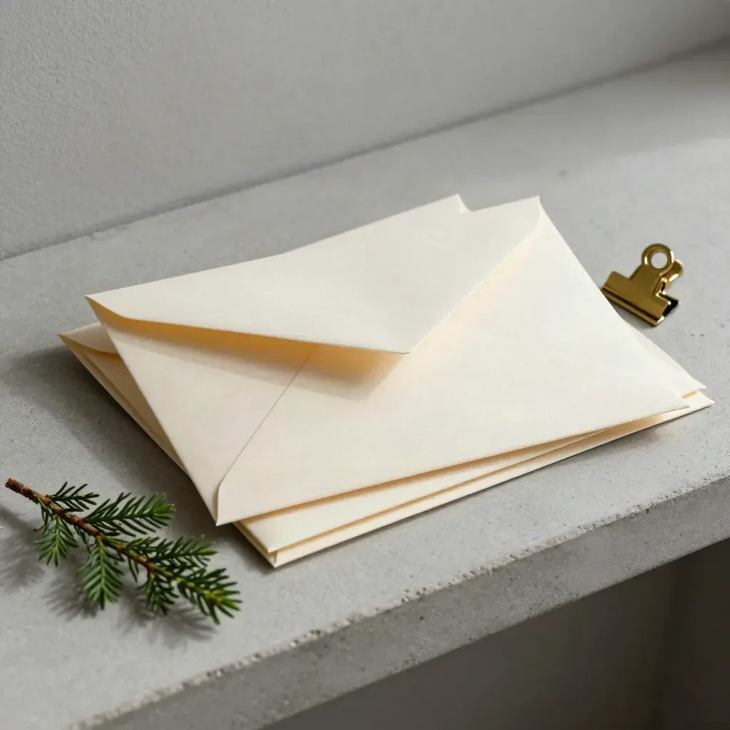 Sealed invite envelopes with brass clip and evergreen sprig on pale stone, softly lit from above.