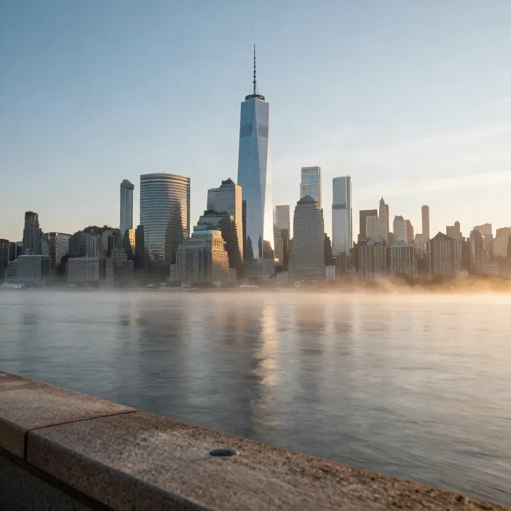 Lower Manhattan skyline glows above the Hudson in warm fog at sunrise.