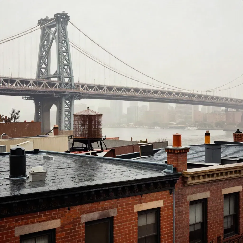 Rainy Brooklyn rooftops with the Williamsburg Bridge arcing high above misty brownstones.