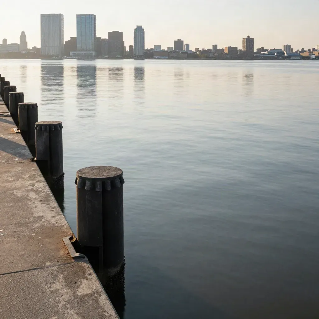 Queens waterfront with concrete piers, steel pilings, and hazy glass towers over calm river water.