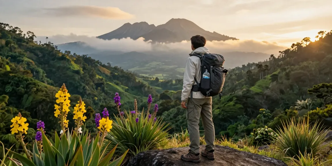 Traveler on a trip to Kundasang Sabah overlooking Mount Kinabalu's stunning landscape at sunset.