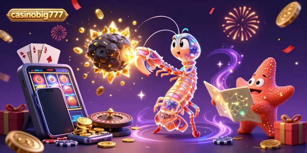 Experience the thrilling action of casinobig777 with a galactic samurai mantis shrimp battling asteroids, enhanced by vibrant casino elements.