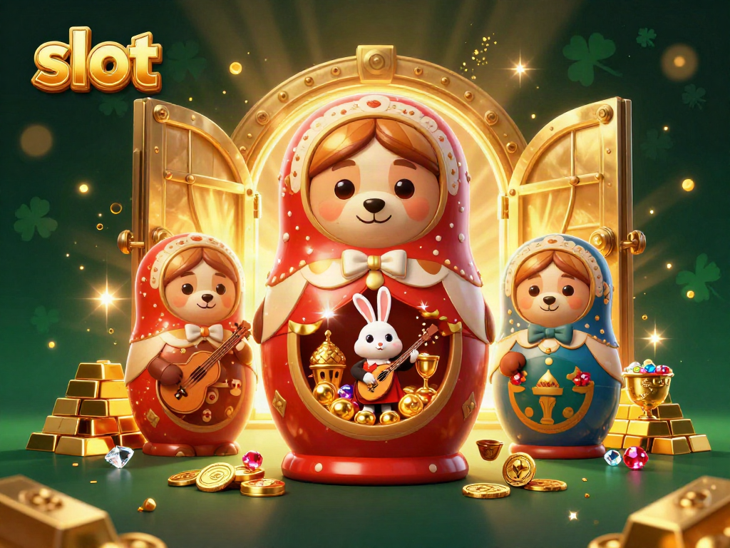 Spin the slot reels with luck in a vibrant casino scene featuring Matryoshka bears and treasures.