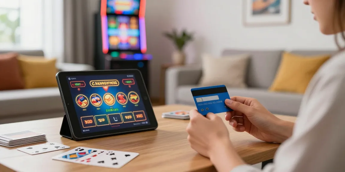 Exciting scene of a player exploring credit card casinos UK options from a modern living room.