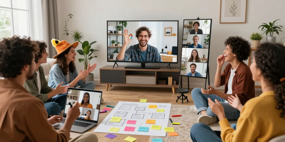 Interactive online improv class with diverse participants laughing, engaging from home, showcasing creativity and fun.