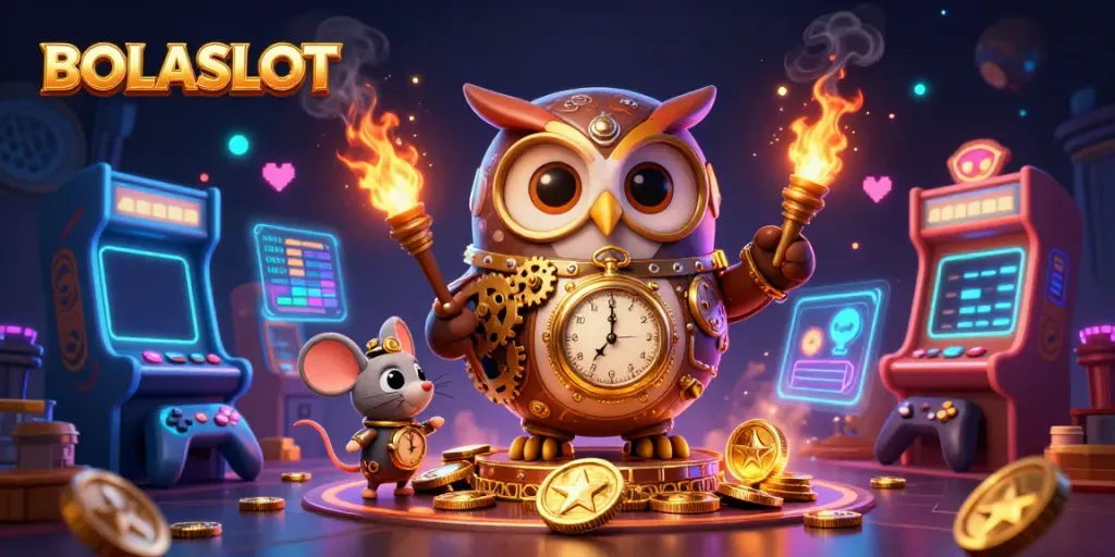 BOLASLOT offers a vibrant 3D illustration with steampunk characters and casino elements, showcasing dynamic gameplay energy.