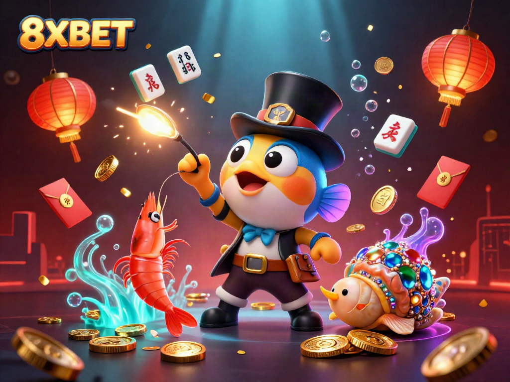 A 3D illustration showcasing 8XBET's vibrant underwater casino world with animated characters.