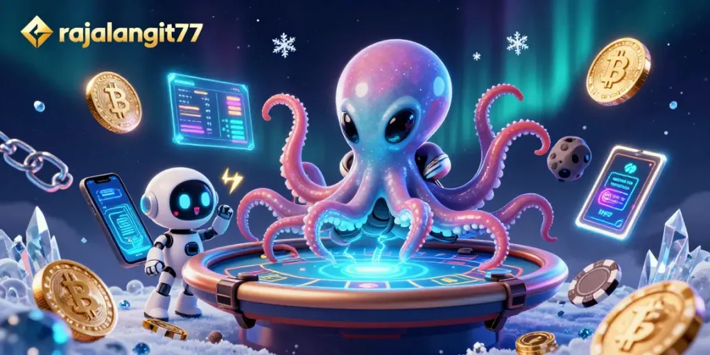 Permainan rajalangit77 dengan alien gurita, robot dan chip poker berputar dalam ruang angkasa