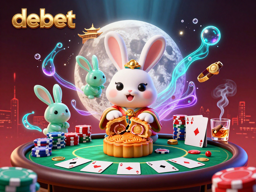 Engage with debet's lively casino atmosphere, featuring a moon rabbit surrounded by poker elements.