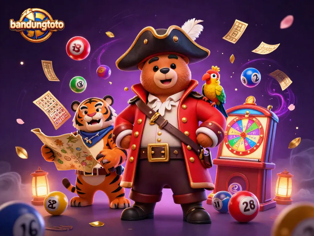 Engage with bandungtoto through a colorful, dynamic lottery scene featuring a pirate captain bear, tiger first mate, and vibrant game elements.
