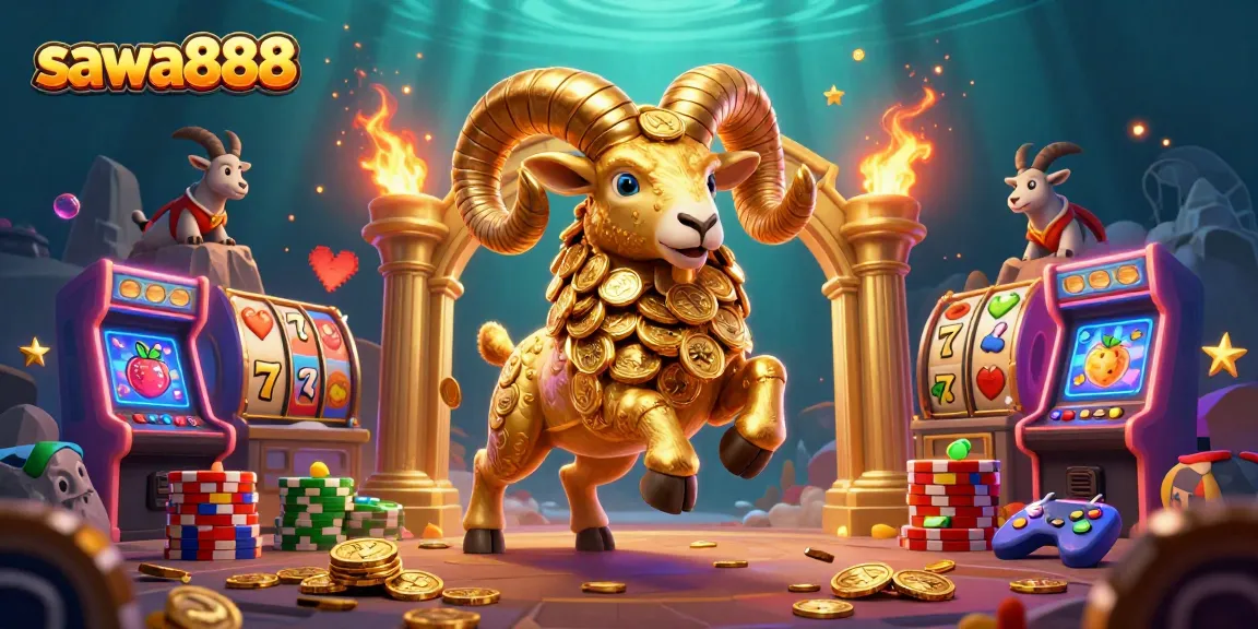 Experience cascading wins with sawa888's golden ram charging through vibrant slot reels.