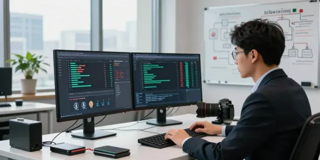 Cryptocurrency tracing analysis in a modern office with blockchain graphs, demonstrating forensic investigation techniques.