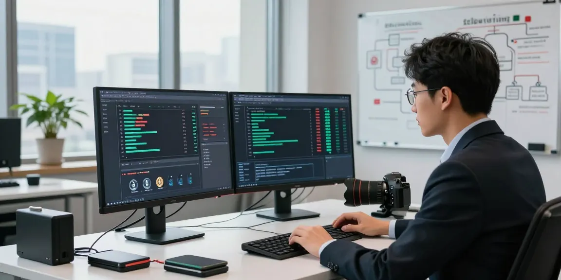Cryptocurrency tracing analysis in a modern office with blockchain graphs, demonstrating forensic investigation techniques.