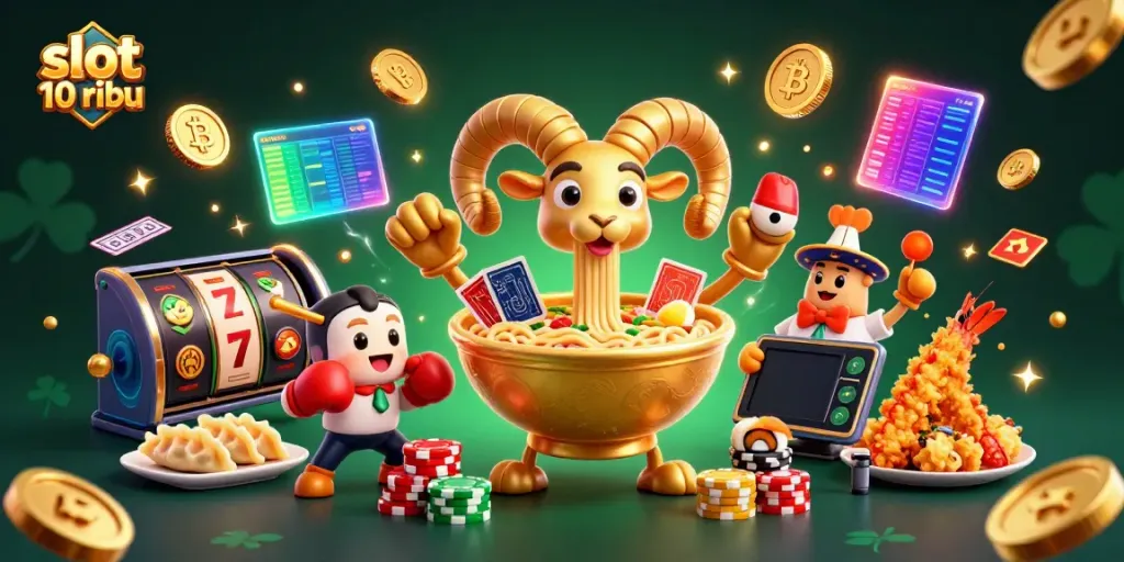 Engage with slot 10 ribu in a vibrant 3D illustration of a golden ramen bowl character interacting with casino elements.