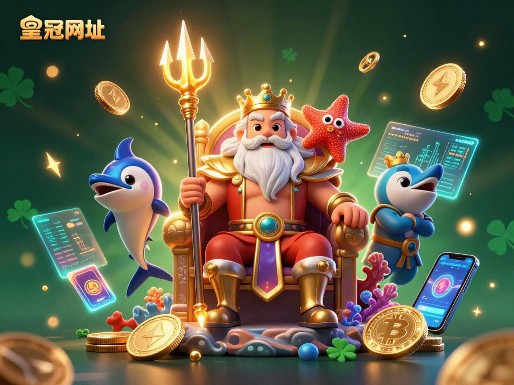 皇冠网址 在线赌场插图，展示了一位海王和他的护卫，充满了迷人的赌场元素。
