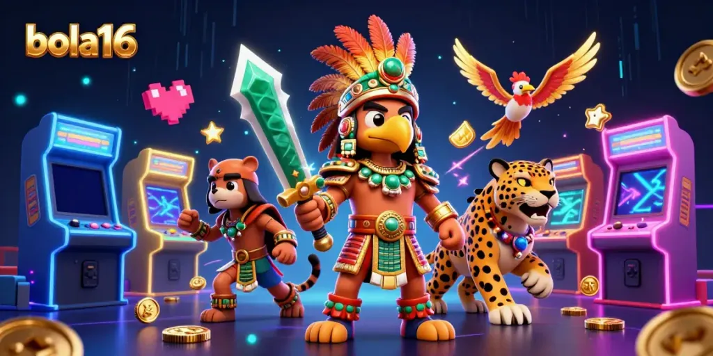 Bola16 showcases a vibrant Aztec warrior scene featuring gaming elements and dynamic colors.