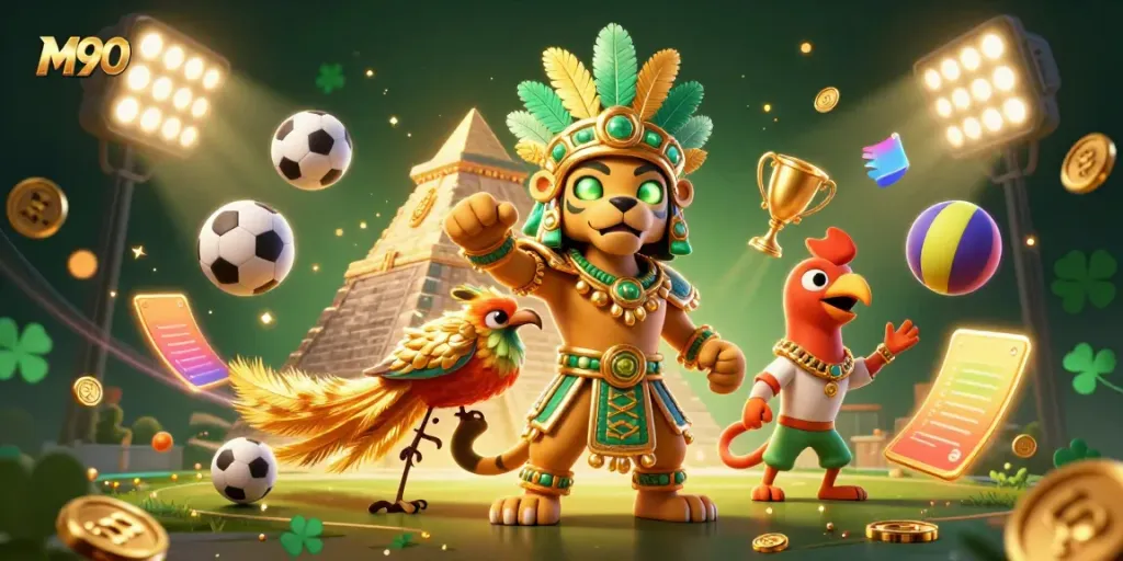 M90 dynamic gambling scene with Mayan priest, sports balls, and golden elements