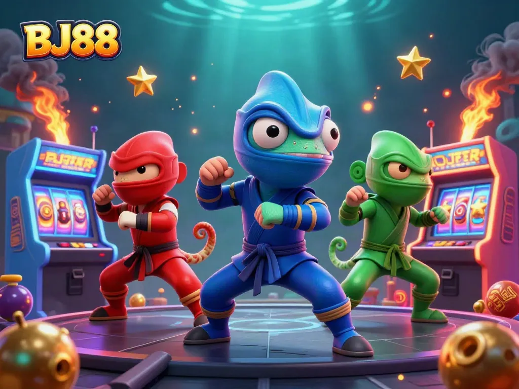 Engage in thrilling action at BJ88 casino with vibrant gaming elements and ninja chameleon characters.